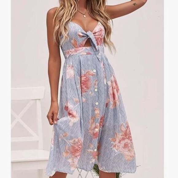 ECOWISH Dresses & Skirts - ECOWISH Women's Tie Front Floral Striped Midi Dress V-Neck Spaghetti Strap Butto